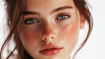 Close-up portrait showcasing a woman with striking freckles, blue eyes, and auburn hair against a bright backdrop. photo
