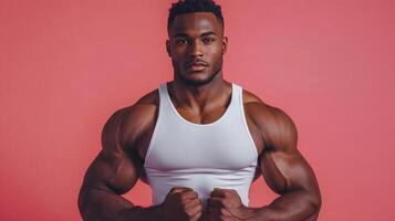 Muscular man flexing. He has dark skin, short hair, a beard, and is wearing a white tank top. He's posing in front of a pink background. photo