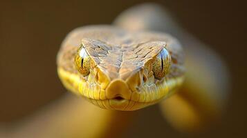 A striking close-up of a snake's face reveals intricate details of its scales and eyes. The snake's piercing gaze creates an intense feel. photo