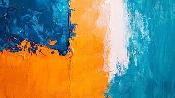 Expressive strokes of bold orange, blue and white paint. The composition features texture from the layers of colors on the canvas surface. photo