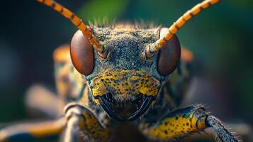 A captivating close-up of a longhorn beetle, showcasing its textured exoskeleton, intricate eyes, and formidable mandibles in vivid detail. photo