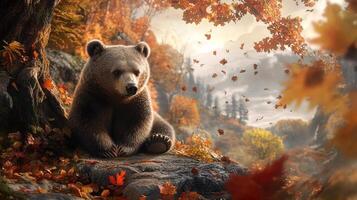 A serene brown bear sits among the vibrant autumn foliage, leaves falling like confetti in the soft, golden light of the forest. photo