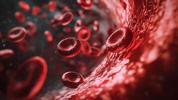 A detailed, artistic rendering of red blood cells flowing through a vein. The cells appear bright red against a slightly out-of-focus background. photo