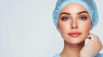 Female healthcare professional in uniform, looking at the viewer. Serene medical professional. Medical worker face with blue eyes. photo