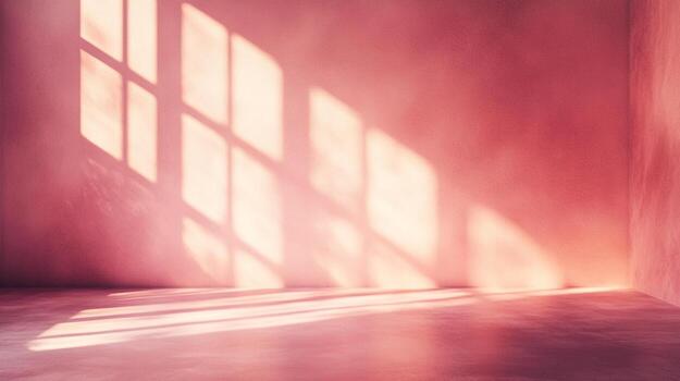 Pink room bathed in light from unseen windows, casting geometric shadows across walls and floor, creating a tranquil, minimalist setting. photo