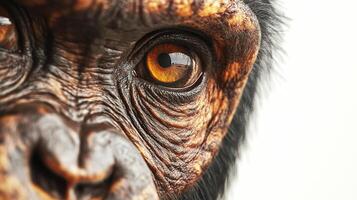 A captivating close-up of a primate's eye reveals a complex pattern of wrinkles and fur, showcasing its unique and expressive gaze. photo