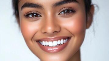 Radiant smile with flawless skin. She shows off her perfect teeth, bright eyes and healthy complexion with a beaming smile. photo