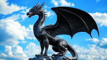 Majestic dragon statue against a vibrant sky, wings spread. Scales shimmer in the light. A fantasy scene frozen in time. Fierce yet elegant. photo