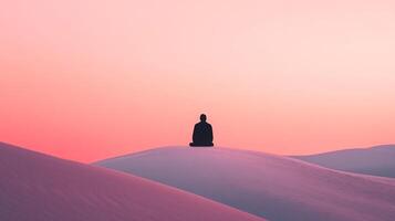 Silhouette of a person meditating atop a sand dune during sunset. Serene and tranquil scene evokes feelings of peace and reflection. photo