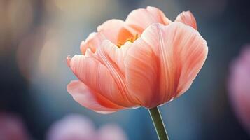 Close up of a peach tulip blooming, showcasing delicate petals and vibrant color against a soft focused background photo