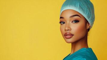 Confident healthcare professional in scrubs against a vibrant yellow backdrop, radiating poise and dedication to the medical field. photo