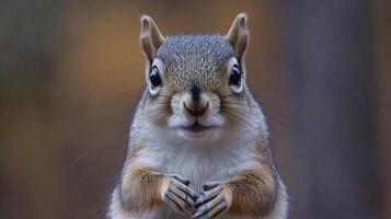 Charming squirrel portrait with expressive eyes and tiny paws, captured in a natural outdoor setting, facing the camera directly. photo