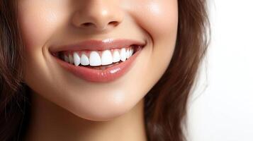 Radiant smile showcases healthy, white teeth. Natural beauty with a flawless grin and glossy lips, highlighted against a plain background. photo