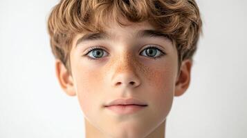 A young boy with light brown curly hair, fair skin, and green eyes looks directly forward, with a smattering of freckles across his face. photo