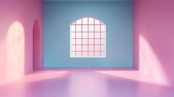 Abstract room interior features arched window and doorways, illuminated by sunlight, with vibrant pink and blue color blocking. photo