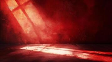 A room bathed in red, a shaft of light illuminating the floor. The wall has a textured, almost rough, appearance. Dramatic lighting. photo
