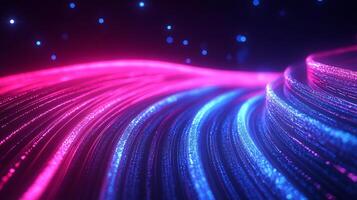 Abstract glowing fiber optics, with waves of pink and blue light illuminated against a dark background and bright bokeh lights in the distance. photo