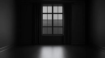 Monochrome room featuring a large window framed by dark drapes, creating a contrast between the exterior view and the interior space. photo