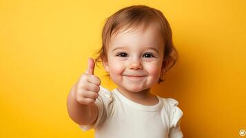 Happy toddler gives a thumbs up gesture of approval against a vibrant yellow backdrop, showcasing positivity and confidence. photo