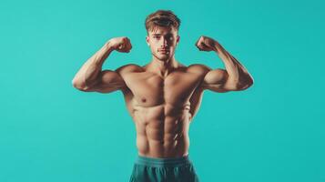 Fit male flexing biceps against a cyan background, showcasing muscle definition and dedication to fitness and healthy lifestyle. photo