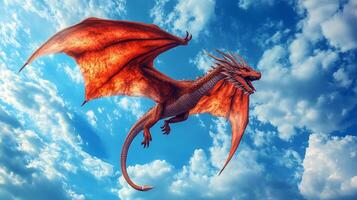 A majestic red dragon soars through a bright blue sky dotted with fluffy white clouds, its wings spread wide in a display of power. photo