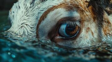 A close-up shot focuses on a ruminant's eye as it floats in water, revealing its wet fur and reflective gaze in the cool, refreshing liquid. photo