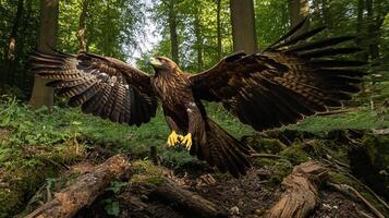 Golden eagle soars, wings spread wide in sun-dappled forest, nature's grace, majestic flight, wild beauty. A breathtaking scene of freedom. photo