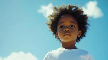 Young child with afro against blue sky. Confident gaze and relaxed posture. A simple portrait capturing youthful innocence and joy. Serene scene. photo