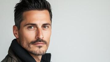 Close-up of a handsome, middle-aged man with salt and pepper hair and a goatee, looking directly at the camera with a serious expression. photo