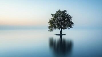 Tranquil minimalist landscape featuring a solitary tree on a small island in a calm lake, reflecting in the still water at dawn photo