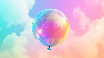 Iridescent sphere reflecting pastel clouds, creating a dreamy and surreal atmosphere with colorful reflections and gentle light. photo