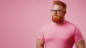 Confident redhead man with glasses and matching pink shirt against a pink backdrop, looking directly at the viewer with a steady gaze. photo