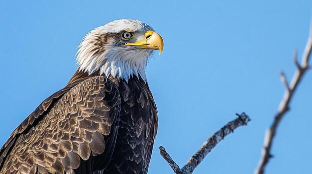 Majestic bald eagle perched on a bare branch, its piercing gaze fixed on the horizon, feathers displaying intricate patterns against the serene sky. photo