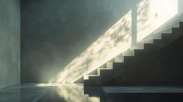 Minimalist stairway design with natural light and shadow creating a serene and modern architectural space. Steps and light create contrast. photo