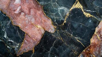 An abstract stone texture with a unique blend of pink and black hues, highlighted by golden veins, creating an organic visual pattern. photo