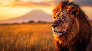Majestic lion portrait, bathed in warm sunset light, against a mountain backdrop. A powerful king in his natural habitat. photo
