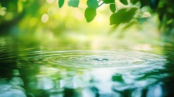 Serene green water ripples create peaceful surface patterns, enhanced by soft light and gentle reflections of nature's lush canopy. photo
