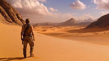 Man in desert apparel treks across orange sand dunes, towards a distant mountain range under a cloudy sky. Adventurous and desolate. photo