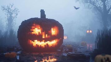 Pixelated pumpkin patch glowing in the misty night air, embodying a unique Halloween aesthetic with a playful, digital-inspired twist. photo
