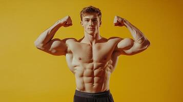 A muscular man with defined abs flexing his arms against a bright yellow background displaying strength and healthy physique. photo