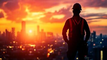 Construction worker overlooking the city skyline at sunset. Poised against a vibrant sky, embodying dedication and urban progress. photo