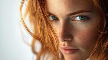 Striking portrait of a redhead with freckles and piercing eyes, exuding confidence and beauty, captivating gaze, inviting introspection. photo