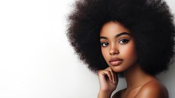 Striking portrait of a woman with Afro, showcasing natural beauty and confidence against a clean, minimalist backdrop, emphasizing her features. photo