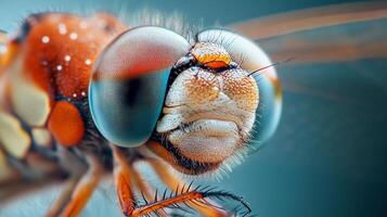Macro view of a dragonfly's head and large compound eyes, showcasing intricate details of its facial features and exoskeleton structure. photo