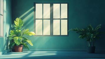 Tranquil indoor scene with natural light streaming through a window, illuminating vibrant plants in a serene, minimalist room. photo
