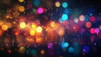 Vibrant bokeh lights dance in a rainy night, creating a mesmerizing and magical atmosphere. Colorful light reflecting on wet surface photo