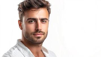 A captivating portrait of a man, showcasing his confident gaze and stylish grooming against a clean, bright backdrop. photo