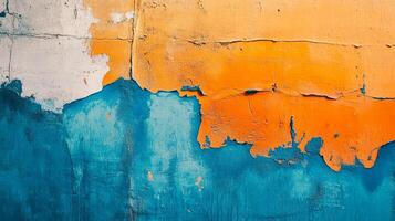 Abstract blue, orange, and white wall texture with cracked and peeling paint creating a visually intriguing and weathered surface. photo