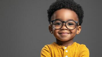 Smiling child wearing glasses poses in a portrait in front of a gray background. He is wearing a yellow, button-up shirt. photo