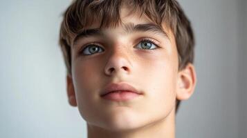 Portrait of a young person with striking eyes and freckles, looking upwards with a thoughtful expression, against a plain background. photo